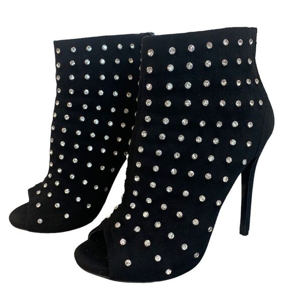 Aldo black crystal rhinestone embellished peep toe high heel ankle boots Sz 7 - Picture 1 of 8